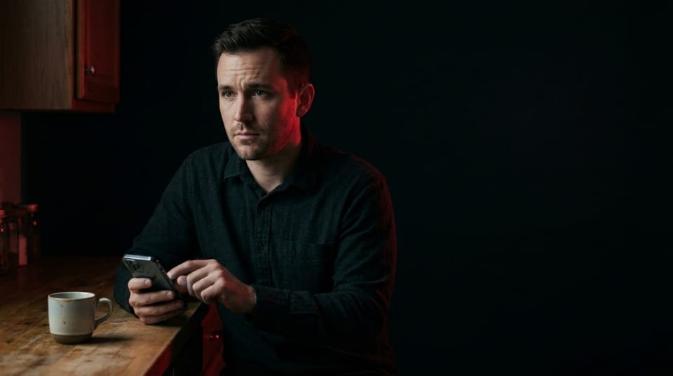 Young man sitting at a table with a coffee cup, looking at his phone under dramatic red and dark lighting, reflecting anxiety and waiting for a reply.