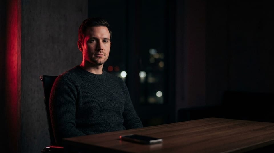 Portrait of a man sitting at a table with red lighting on one side of his face, expressing seriousness, control, and emotional tension.