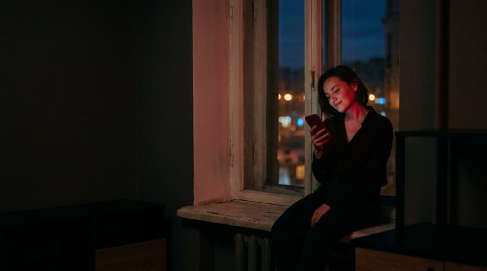 Woman sitting by a window at night smiling while using her smartphone with city lights visible outside and soft red ambient lighting.