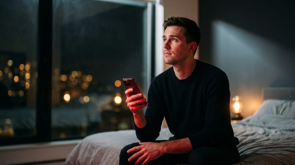 Man sitting on a bed at night holding a phone, looking thoughtful with city lights visible through a window.