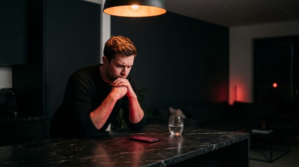 Man sitting at a table with a phone, looking stressed and deep in thought in a dimly lit room.