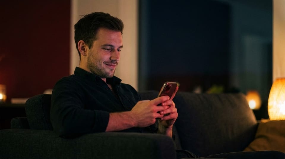 Young man sitting on a couch at night and happily texting on a smartphone dating app.
