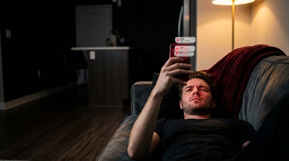 Young man relaxing on a sofa in a dark apartment while looking at smartphone notifications related to dating or messaging apps.