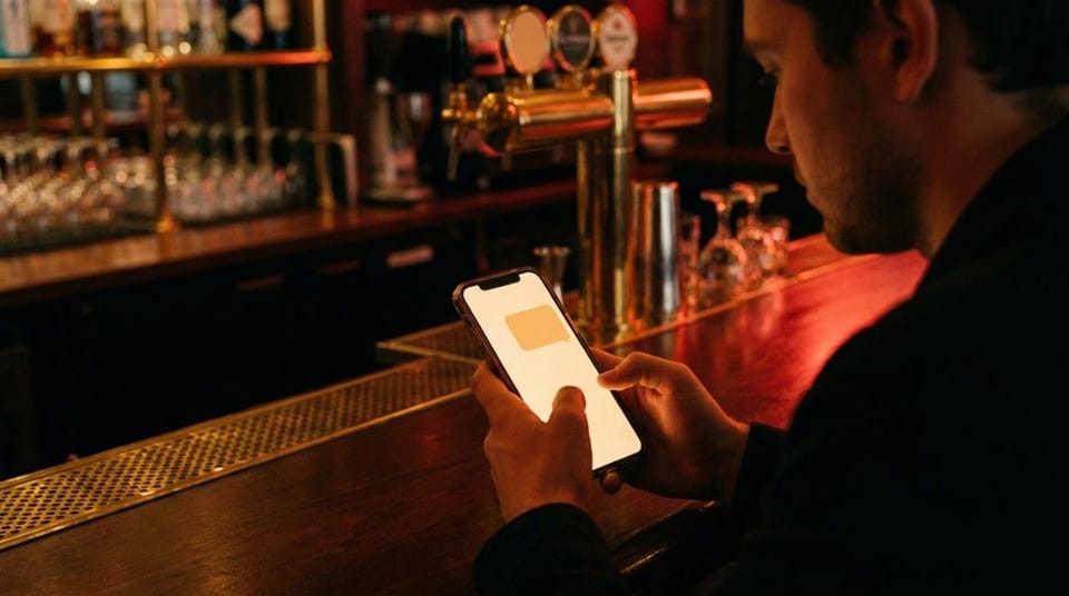 Man sitting at a bar counter at night while looking at a dating app on his smartphone in warm red lighting.