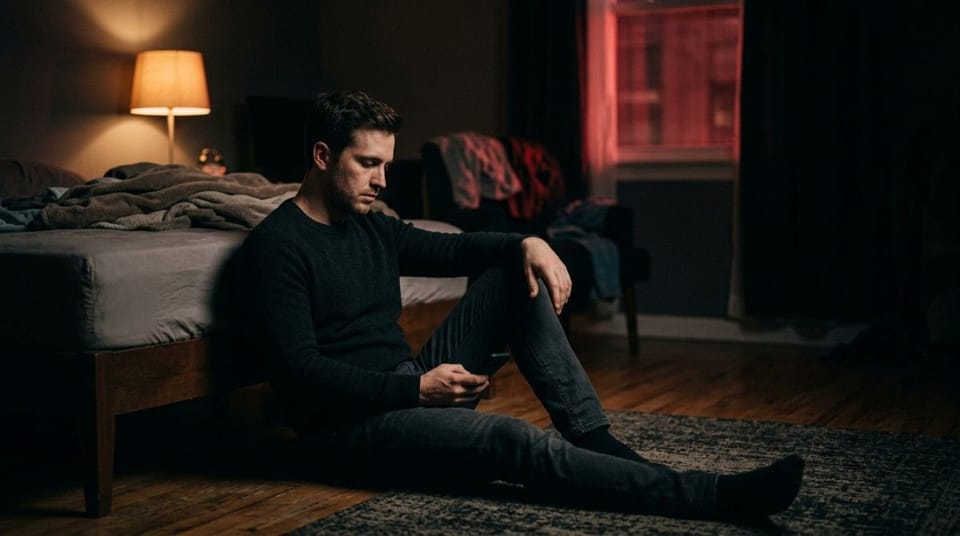 Man sits on the floor beside his bed holding a phone, appearing sad and reflective after a breakup.