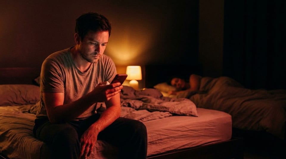 A man sits on the edge of a bed at night looking at his phone while another person sleeps in the background, creating a mood of emotional distance and reflection.