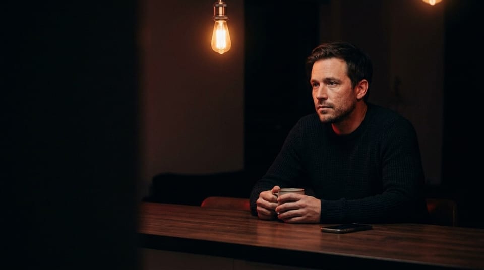 Man sitting alone at a table with a coffee mug and phone, illuminated by a hanging light in a dark room.