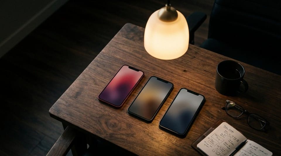 Three smartphones arranged on a wooden desk beside a notebook, glasses, coffee mug, and desk lamp in a softly lit workspace.