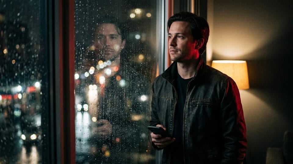 Person standing by a rain-covered window at night holding a smartphone and looking outside with a reflective expression.