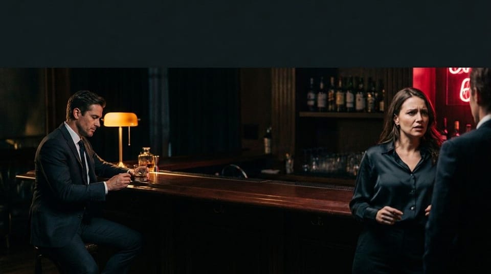 Person sitting alone at a bar while another couple has a tense conversation nearby, illustrating emotional disconnection and relationship strain.
