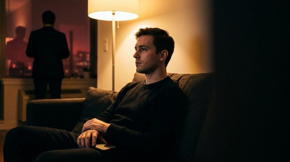 A man sits alone on a couch while another figure stands near a window in the background, highlighting emotional separation and lack of communication.
