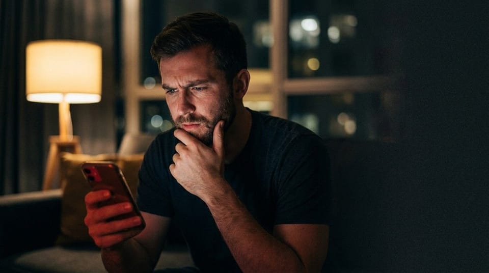 A man sits in a dimly lit room at night, staring intently at his smartphone with a concerned expression, suggesting worry about a message or relationship situation.