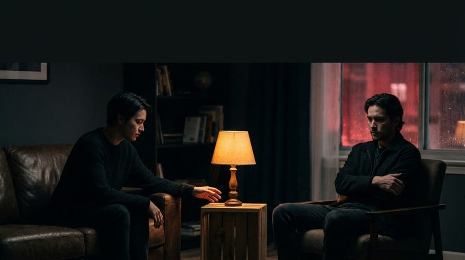 Two people sit facing each other in a dimly lit room during a tense but thoughtful conversation.