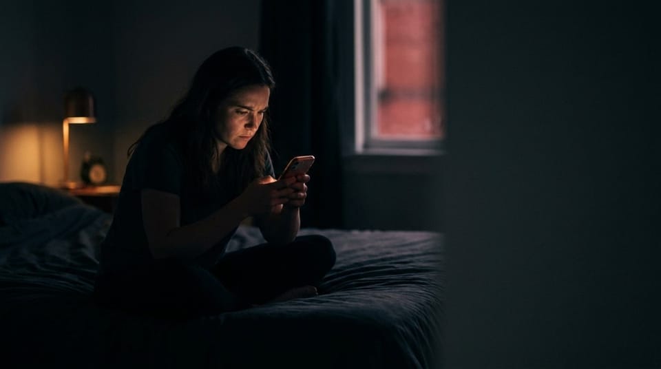 Person sits on a bed at night focused on a smartphone in a dimly lit bedroom.