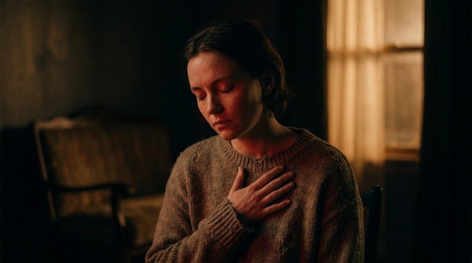 Person sitting indoors with eyes closed and hand on chest, practicing mindful breathing in a cozy room.