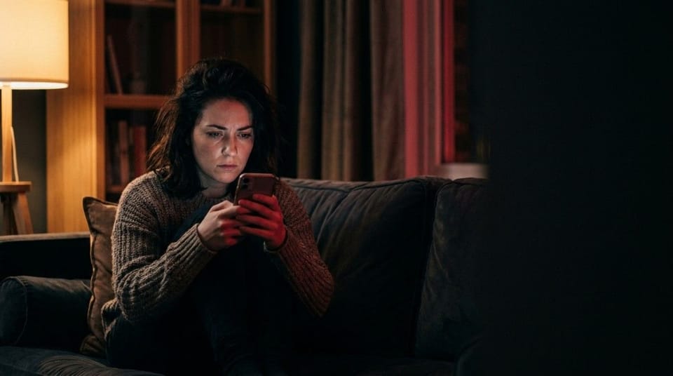 Person sitting on a sofa looking concerned while reading messages on a smartphone in a dimly lit room