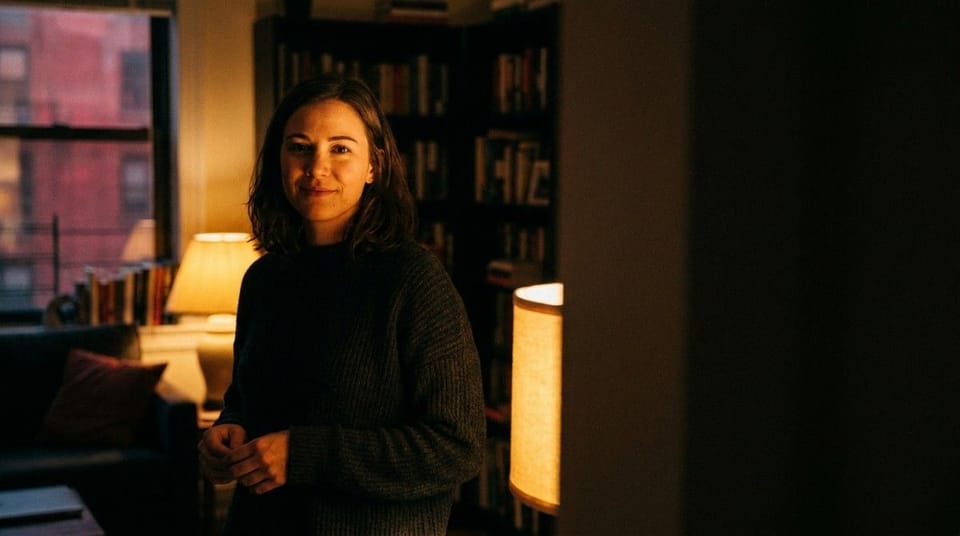 Person standing in a cozy, softly lit room with a relaxed smile, enjoying a quiet evening alone.