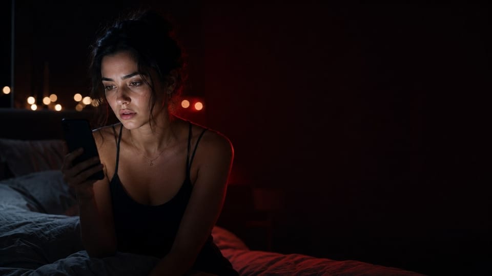 Woman sitting on a bed at night looking at her phone with a worried expression.