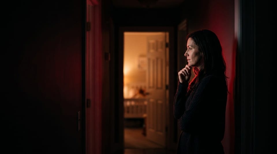 Woman standing in a dim hallway at night, thoughtfully looking toward a softly lit bedroom.