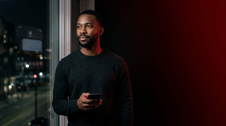 Man holding a smartphone while standing indoors at night, looking away from the screen thoughtfully.