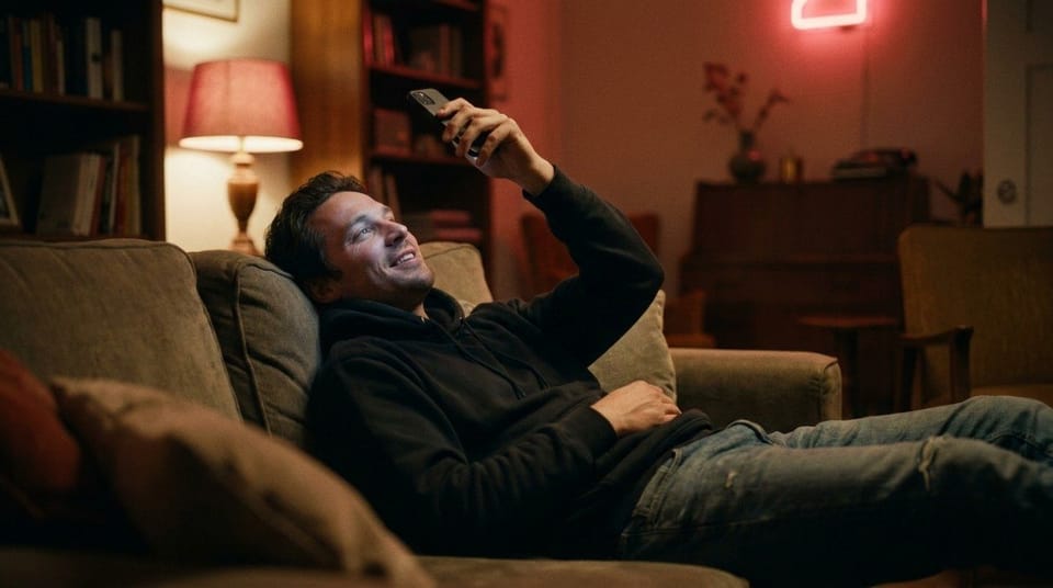 Man relaxing on a sofa while using his smartphone in a warmly lit living room.